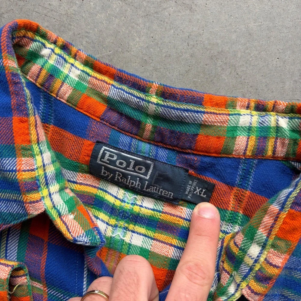 Polo Ralph Lauren Mens XL Plaid Western Pearl Snap Shirt Blue Orange Flannel